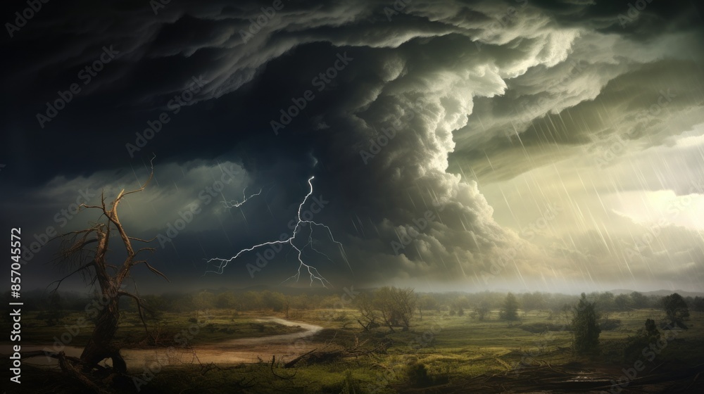 Fototapeta premium Ominous tornado forming over rural road under dramatic sky