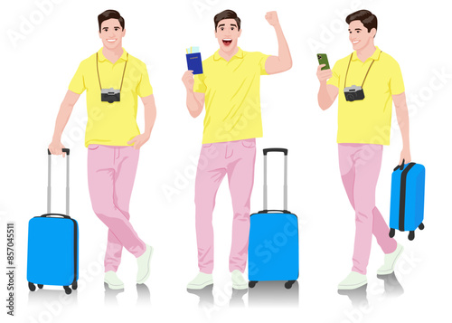 Young man tourist with camera and smartphone. Male in casual clothes with a suitcase, passport, and tickets. Young male traveler goes on a journey. Vector illustration set isolated on white