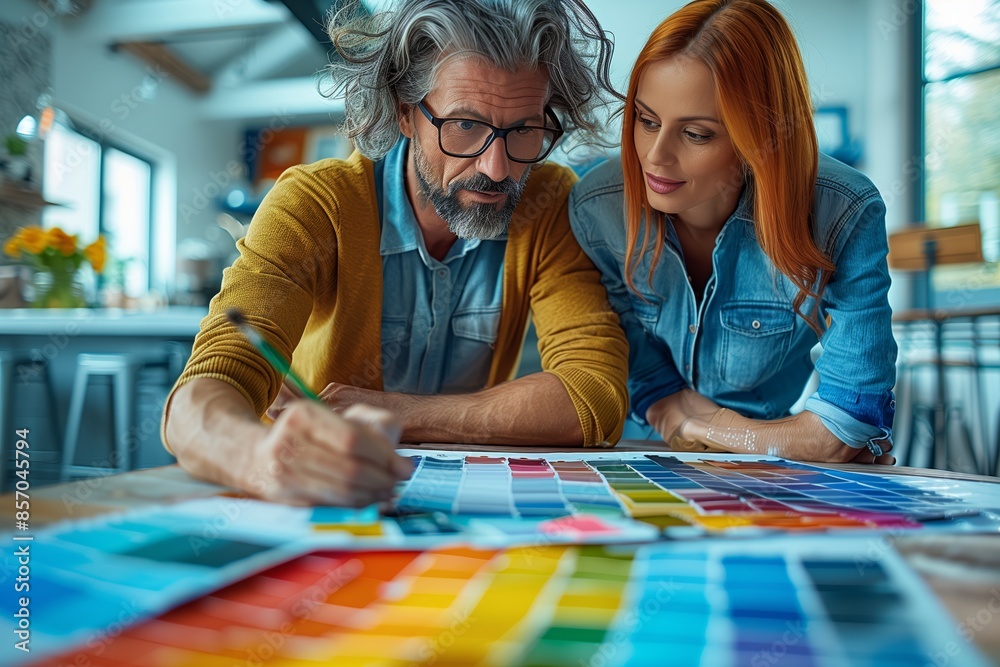 Fototapeta premium Couple Choosing Paint Colors For Home Renovation Project