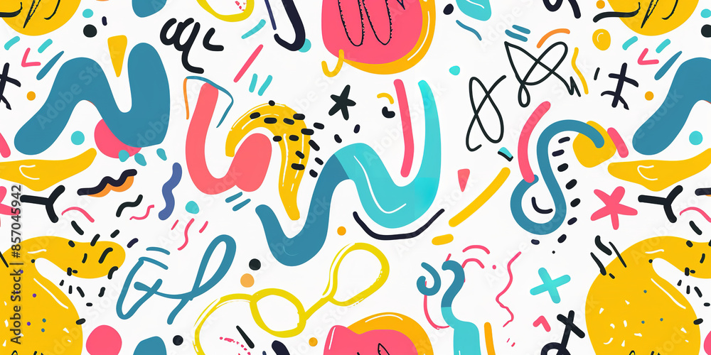 A fun, colorful line doodle seamless pattern featuring creative, minimalist art for children or trendy designs. Basic shapes and lively squiggles intertwine, resembling playful party confetti A fun, colorful line doodle seamless pattern featuring creative, minimalist art for children or trendy designs. Basic shapes and lively squiggles intertwine, resembling playful party confetti