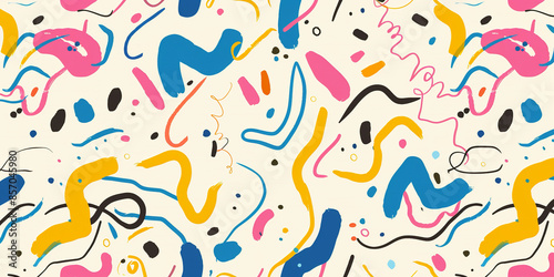 A fun, colorful line doodle seamless pattern featuring creative, minimalist art for children or trendy designs. Basic shapes and lively squiggles intertwine, resembling playful party confetti