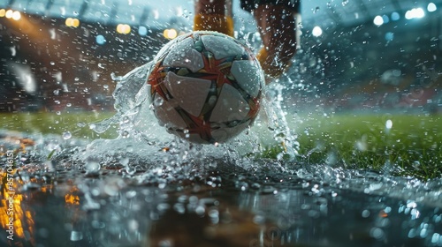 Soccer Kick: A close-up shot of a player kicking the soccer ball towards the goal. photo