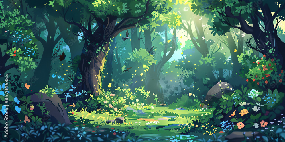A woodland forest background in anime cartoon style, designed as a banner. The scene features vibrant, lush trees, dappled sunlight filtering through the leaves