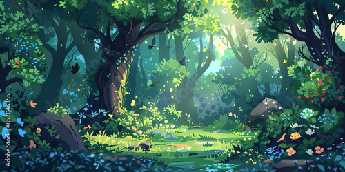 Obraz na płótnie A woodland forest background in anime cartoon style, designed as a banner. The scene features vibrant, lush trees, dappled sunlight filtering through the leaves w salonie