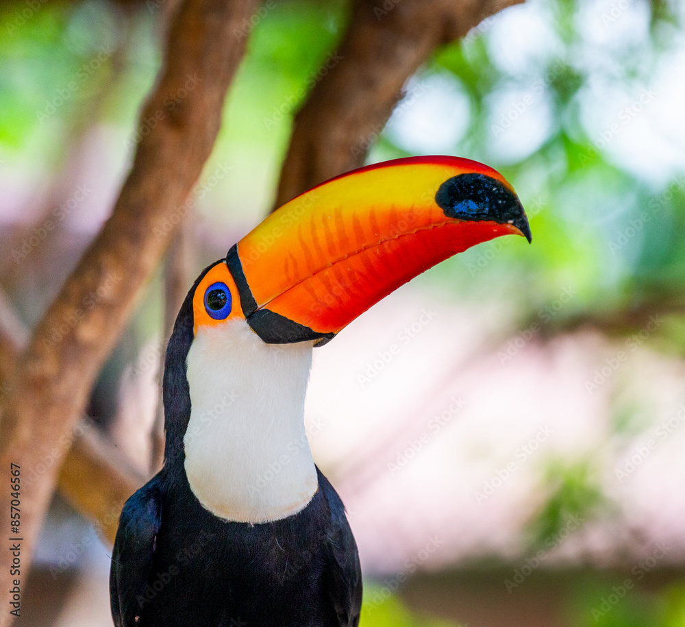 Fototapeta premium Portrait of Toco toucan (Ramphastos toco) with a big colored beak. Close-up. Brazil. Pantanal. 