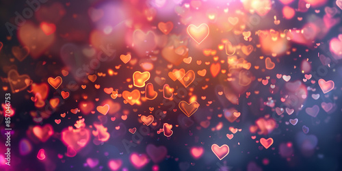 An abstract dark gradient background adorned with heart-shaped bokeh lights. The softly glowing hearts create a dreamy and romantic atmosphere