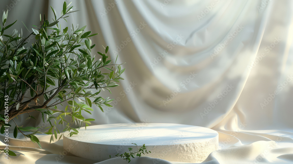 Natural podium platform and organic cloth with olive tree plant. Natural style for presentation display cosmetic products, Ads, banners, website, social media. Copy space Natural podium platform and organic cloth with olive tree plant. Natural style for presentation display cosmetic products, Ads, banners, website, social media. Copy space