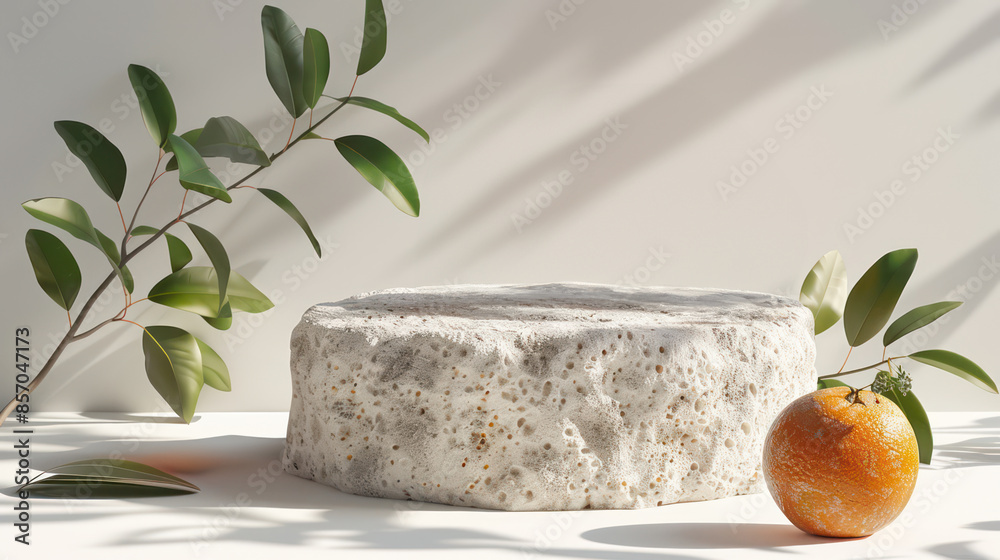 Stone podium with tree plant on beige background surrounded by citrus fruits. Made of natural scene for Ads, banners, website, social media or cosmetic and food presentation Stone podium with tree plant on beige background surrounded by citrus fruits. Made of natural scene for Ads, banners, website, social media or cosmetic and food presentation