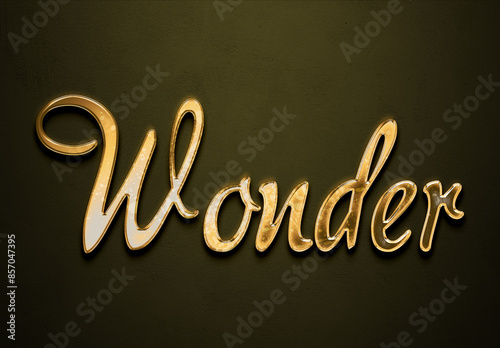 Old gold text effect of word Wonder with 3D glossy style Mockup.