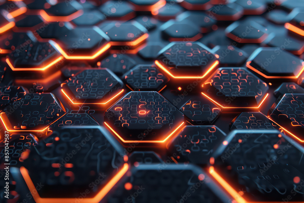 Abstract geometric hi-tech with interconnected hexagons and glowing elements. Future innovation digital business concept background. Technology intricate digital design for Ads, banners, website