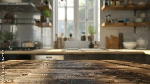 Wooden table top on blurred background. Perspective brown wooden table on blurred background in kitchen. Defocused interior of sun room. © Елена Тиханович