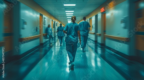 Group of nurses walking down a hospital hall - medical - doctor - healthcare