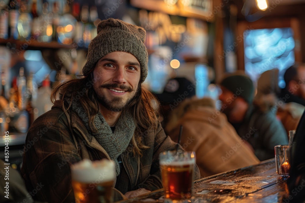 A man with long hair and a beard smiles warmly, wearing a knit beanie, at a lively and cozy bar setting, surrounded by friends and drinks, evoking joy and camaraderie.