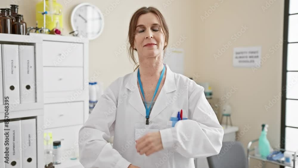 Confident woman scientist standing in a laboratory with arms crossed, wearing a lab coat and id badge. Confident woman scientist standing in a laboratory with arms crossed, wearing a lab coat and id badge.