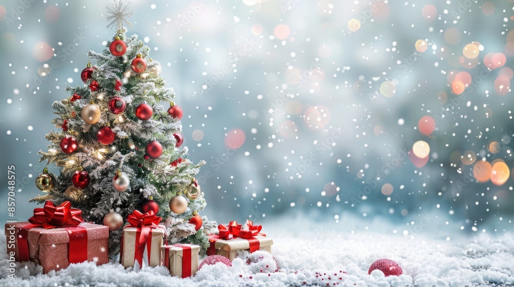 Christmas greeting card with christmas Tree and Decorations. Copy space with decorated Christmas tree and gift boxes around it Christmas greeting card with christmas Tree and Decorations. Copy space with decorated Christmas tree and gift boxes around it