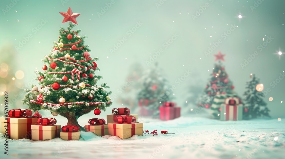 Christmas greeting card with christmas Tree and Decorations. Copy space with decorated Christmas tree and gift boxes around it Christmas greeting card with christmas Tree and Decorations. Copy space with decorated Christmas tree and gift boxes around it