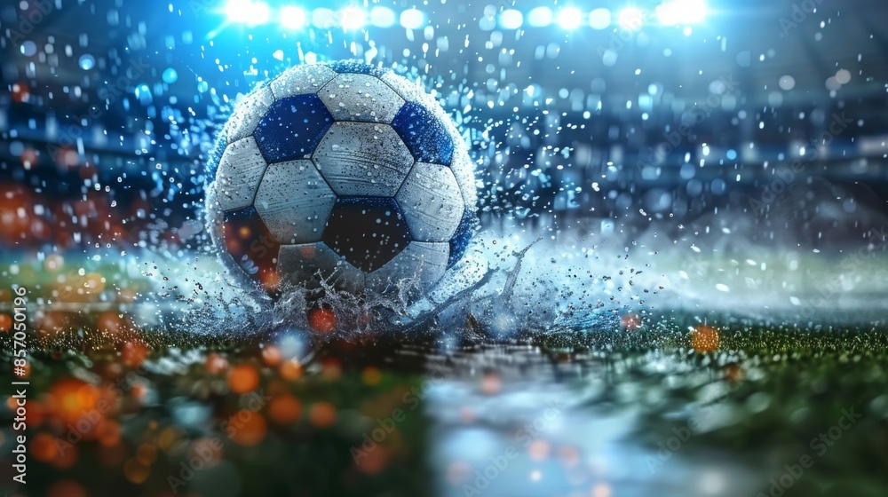 Naklejka premium A soccer ball hitting wet grass under bright stadium lights during a night game.