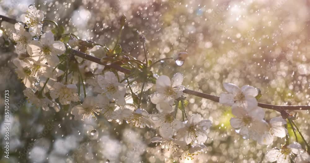 Cherry blossom period. Drops of spring rain fall on a cherry blossom. Shot on super slow motion camera 1000 fps.