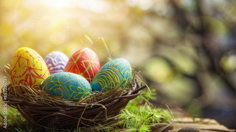 colorful easter eggs in basket . With copy space colorful easter eggs in basket . With copy space