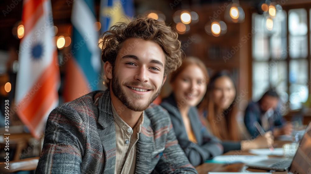 A young man with curly hair and a beard smiles brightly at the camera while sitting at international negotiations on alternative energy, with other people blurred in the background.
A young man with curly hair and a beard smiles brightly at the camera while sitting at international negotiations on alternative energy, with other people blurred in the background.