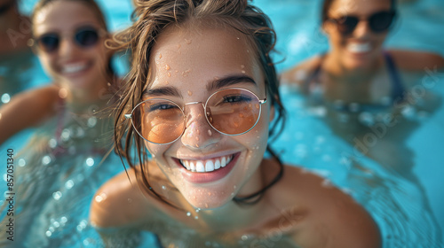 A woman with sunglasses smiles broadly as she looks up from the pool on a sunny day. Water droplets glisten on her skin and hair, capturing the carefree spirit of summer