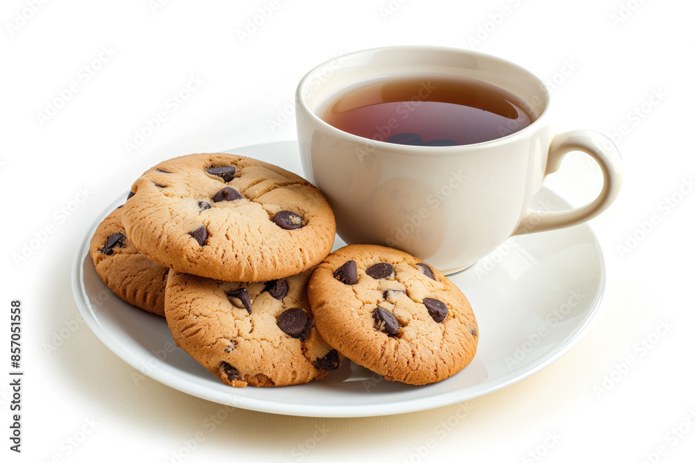Cookies and a cup of tee on a plate isolated on a white background. Created with Generative AI technology.