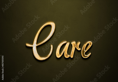 Old gold text effect of word Care with 3D glossy style Mockup. © Fayazravat143