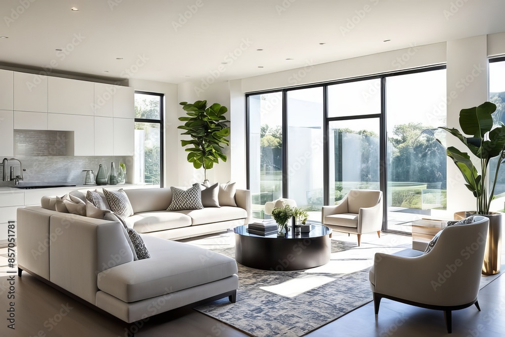 Fototapeta premium Natural light illuminating a modern living room with elegant neutral decor.