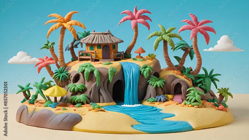 Obraz premium Tropical island with palm trees made wth clay