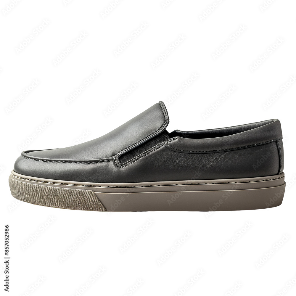 Side view of a single new dark gray leather slip-on sneaker isolated on a white transparent background Side view of a single new dark gray leather slip-on sneaker isolated on a white transparent background