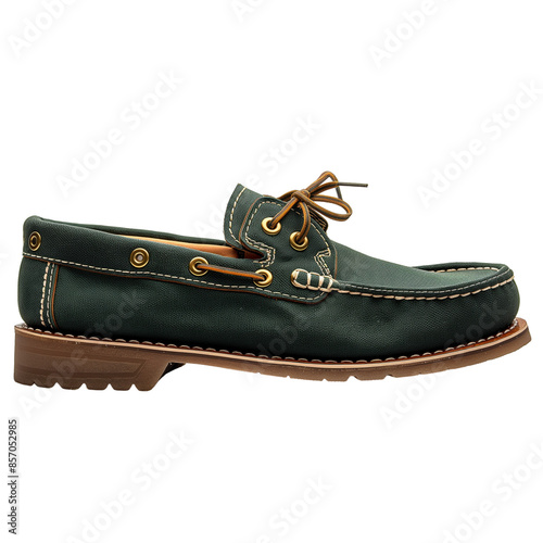 Side view of a single new dark green canvas boat shoe isolated on a white transparent background photo