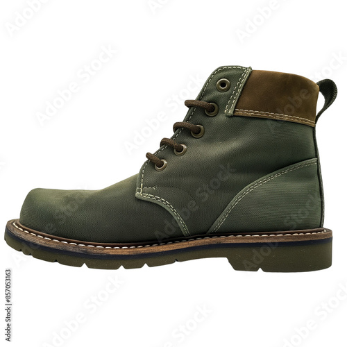 Side view of a single new olive green canvas desert boot isolated on a white transparent background photo