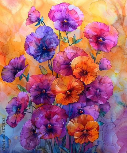 Beautiful Watercolor Bouquet of Pansy (Viola x wittrockiana) Flowers Depicted in Pastel Shades of Alcohol and Ink.