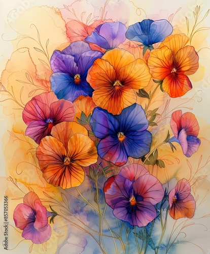 Beautiful Watercolor Bouquet of Pansy (Viola x wittrockiana) Flowers Depicted in Pastel Shades of Alcohol and Ink.