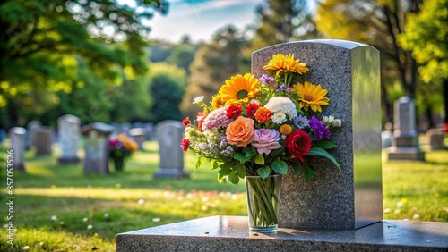 Cemetery headstone with flowers , cemetery, headstone, flowers, memorial, remembrance, grave, tombstone, burial, tribute photo