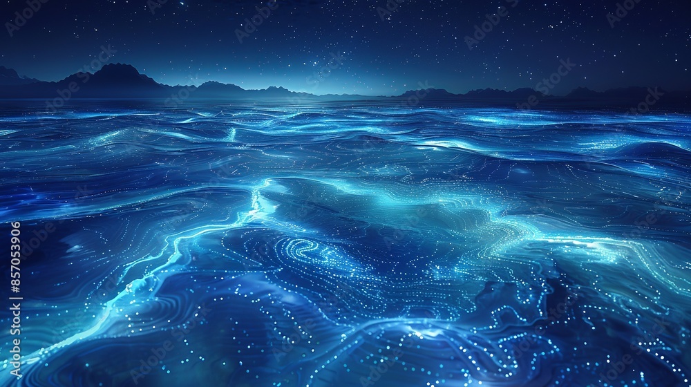The surface of an alien lake ripples with the movements of bioluminescent fish, their shimmering scales creating intricate patterns in the water. Illustration, Minimalism, The surface of an alien lake ripples with the movements of bioluminescent fish, their shimmering scales creating intricate patterns in the water. Illustration, Minimalism,