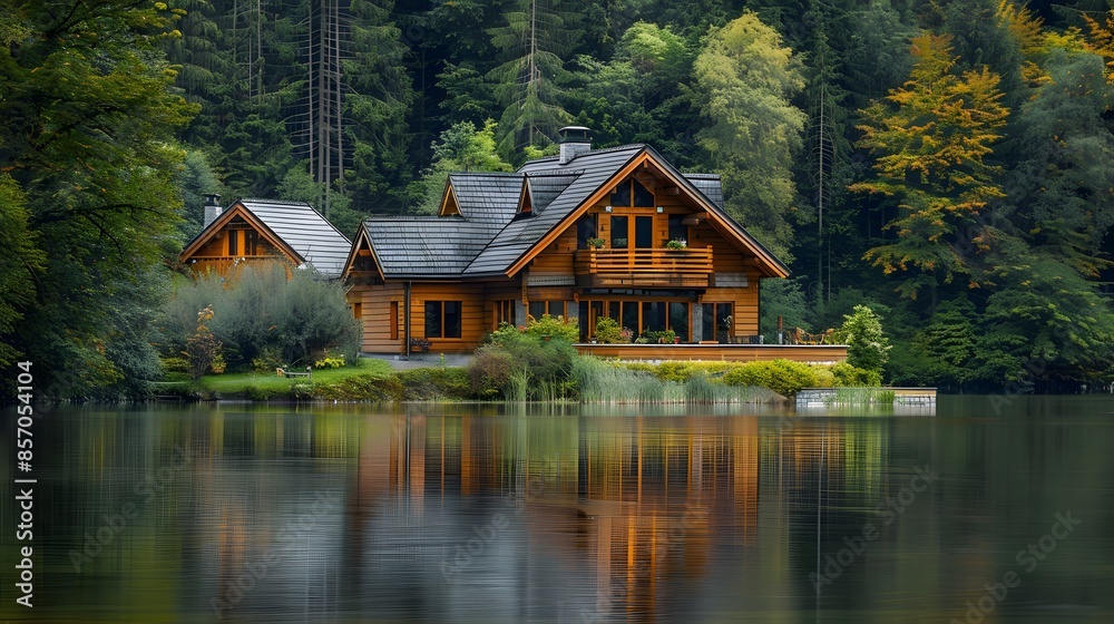 Fototapeta premium A beautiful house with wooden walls and roof, nestled in the middle of nature surrounded by trees on both sides, near an idyllic lake reflecting its image.
