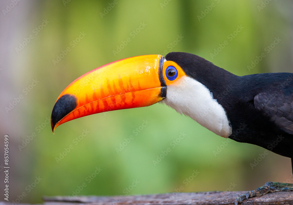 Fototapeta premium Portrait of Toco toucan (Ramphastos toco) with a big colored beak. Close-up. Brazil. Pantanal. 