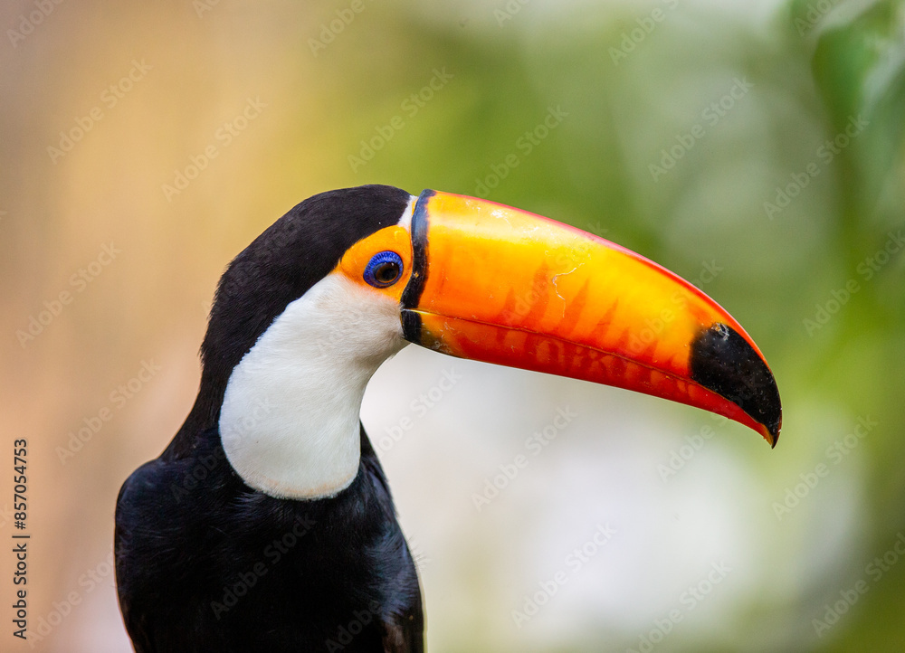 Portrait of Toco toucan (Ramphastos toco) with a big colored beak. Close-up. Brazil. Pantanal.
Portrait of Toco toucan (Ramphastos toco) with a big colored beak. Close-up. Brazil. Pantanal.