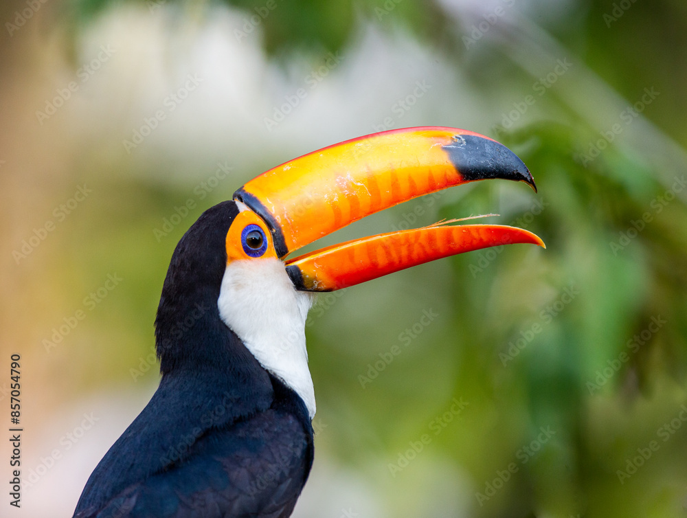 Obraz premium Portrait of Toco toucan (Ramphastos toco) with a big colored beak. Close-up. Brazil. Pantanal. 