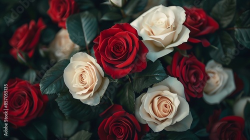 A bouquet of red and white roses, with the petals being more distinct in color than the green leaves that surround them.