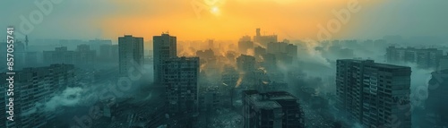cityscape in ruins, engulfed by fog and darkness in the last moments of daylight, photo