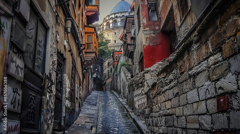 The walls of the narrow turkish street by the Galata Tower, Istanbul