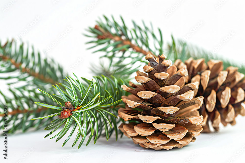 Green pine branches and brown pine cones on white background evoke a rustic Christmas feel.
Green pine branches and brown pine cones on white background evoke a rustic Christmas feel.