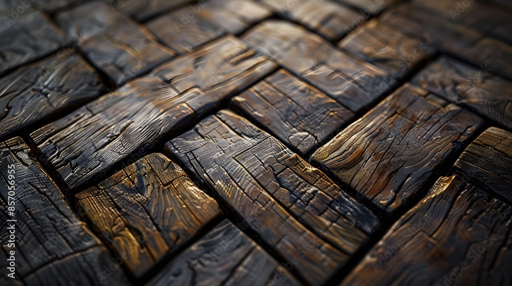 The wooden paver pattern on an old street, showcasing its unique texture and patterns. The image highlights the intricate details that make up each piece of wood in a bricklike arrangement. The wooden paver pattern on an old street, showcasing its unique texture and patterns. The image highlights the intricate details that make up each piece of wood in a bricklike arrangement.