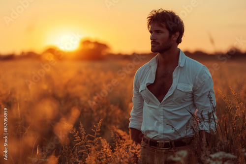 An adult man with a rugged look stands in a field at sunset, his white shirt partially unbuttoned. outdoor setting make it ideal for themes related to nature, freedom, and adventure lifestyle. photo