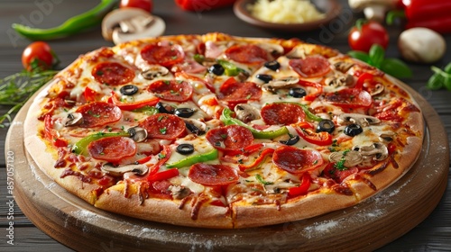 A delicious, perfectly round pizza with detailed toppings such as pepperoni, mushrooms, bell peppers, olives, and melted chees
