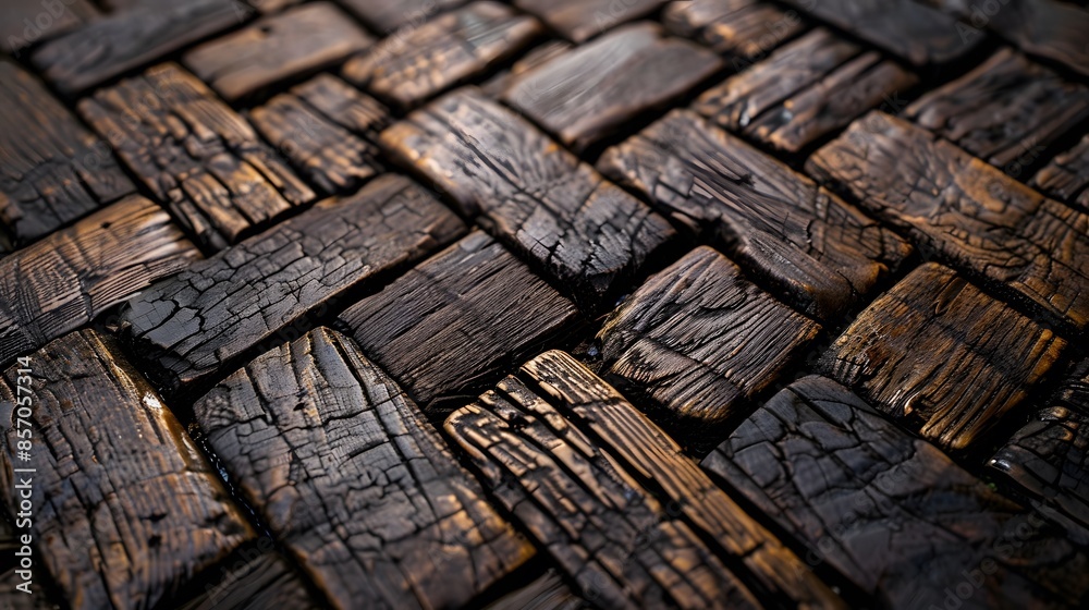 The wooden paver pattern on an old street, showcasing its unique texture and patterns. The image highlights the intricate details that make up each piece of wood in a bricklike arrangement.