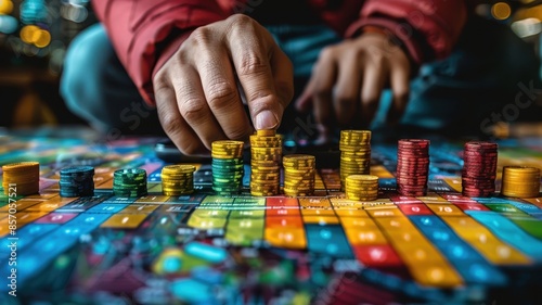 Close-up of hands playing a colorful board game, with stacks of chips or tokens arranged on the board. Strategy and entertainment concept.