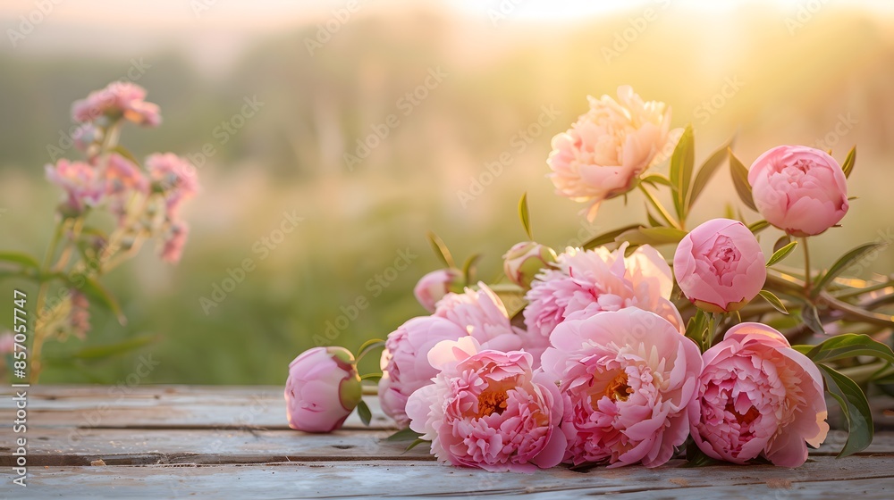 A fresh bunch of peonies in shades of pink and cream, laid gracefully on a weathered wooden surface. ideal for conveying happiness and celebrating special occasions. A fresh bunch of peonies in shades of pink and cream, laid gracefully on a weathered wooden surface. ideal for conveying happiness and celebrating special occasions.